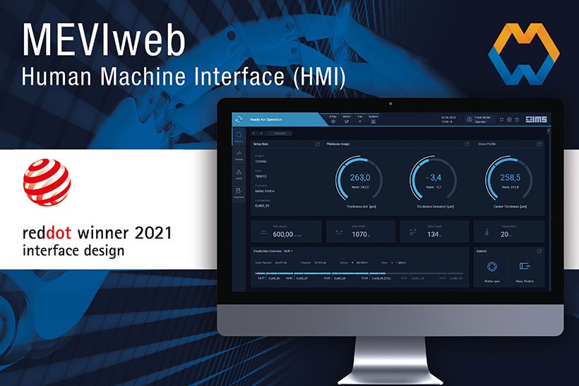 Das Bild zeigt einen Monitor mit der Software von IMS Messsysteme und das Sieger-Logo des Red Dot Design Awards