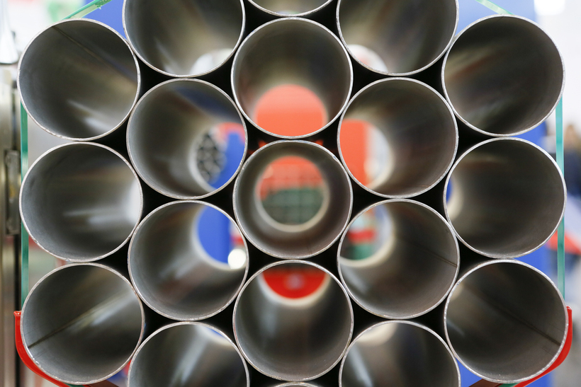 Nahaufnahme von Vallourec-Rohren auf der Tube 2018 in Deutschland.