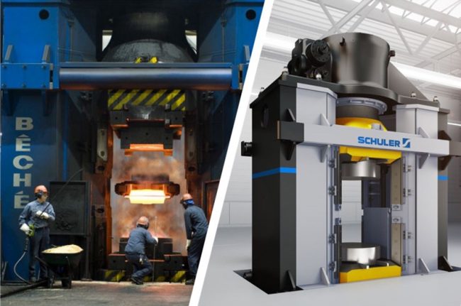 Die Collage zeigt links eine technische Anlage (eine Schmiede) und rechts das Modell einer Schmiede von Schuler