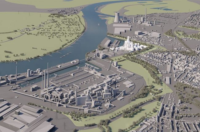 Visualisierung der ersten Direktreduktionsanlage (der Komplex in weiß) von Thyssenkrupp Steel Europe am Standort Duisburg