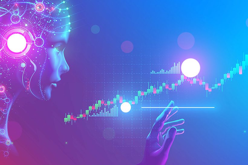 Das Bild zeigt eine gerenderte Idee, wie Künstliche Intelligenz visualisiert werden kann: Links ein Kopf mit digitalen Neuronen, in der Mitte unten eine Hand und mittig ein stetig nach oben laufender Aktienkurs.