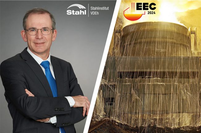 Prof. Klaus Krüger, Schirmherr der EEC 2024, vor einem Elektrolichtbogenofen.
