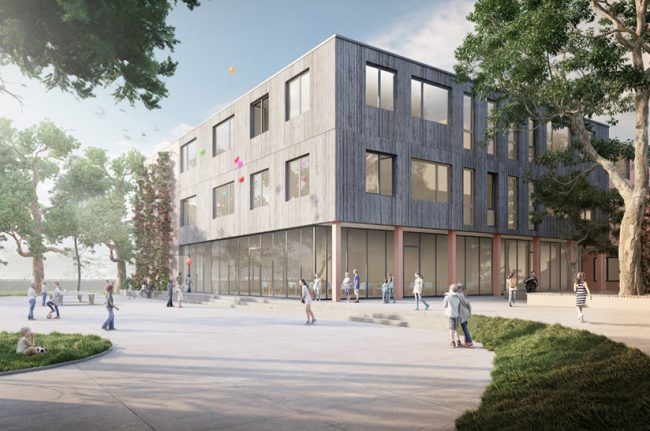 ALHO Systembau Pressefoto (web) Das Bild zeigt den Entwurf eines Shulgebäudes in Modulbauweise. Zum Einsatz kommt dabei grüner Stahl von Kloeckner Metals Germany