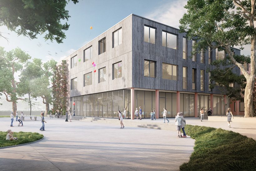 Das Bild zeigt den Entwurf eines Shulgebäudes in Modulbauweise. Zum Einsatz kommt dabei grüner Stahl von Kloeckner Metals Germany