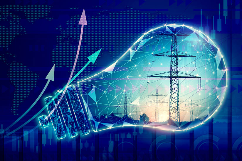 Passend zur Diskussion um den Brückenstrompreis zeigt das Bild eine symbolische Glühlampe mit dem Foto einer Hochspannungsleitungen sowie aufsteigende Pfeile.