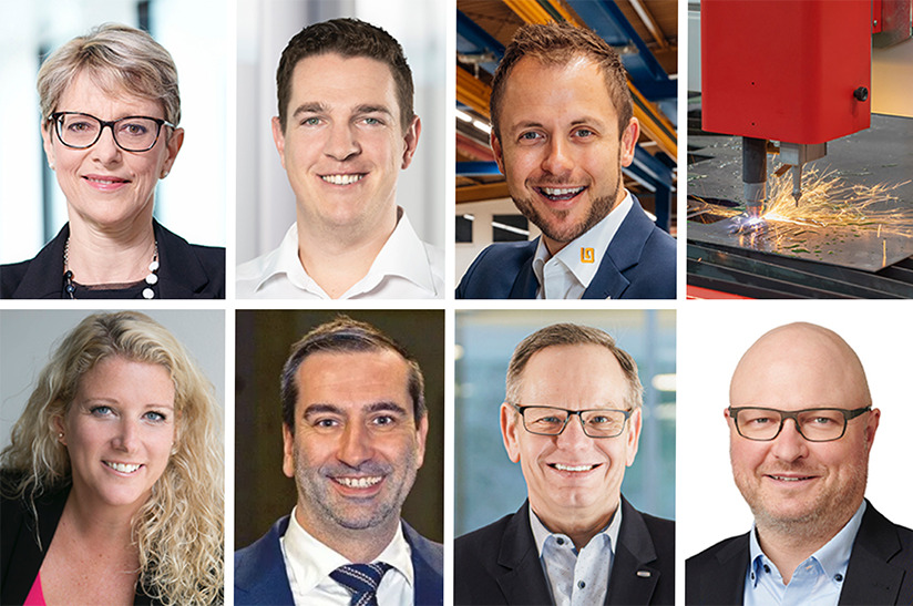 Sentiment7 Das Bild zeigt eine Collage aus sieben Porträtbildern (fünf Männer und zwei Frauen) und eine Impression von der Blechexpo 2023.