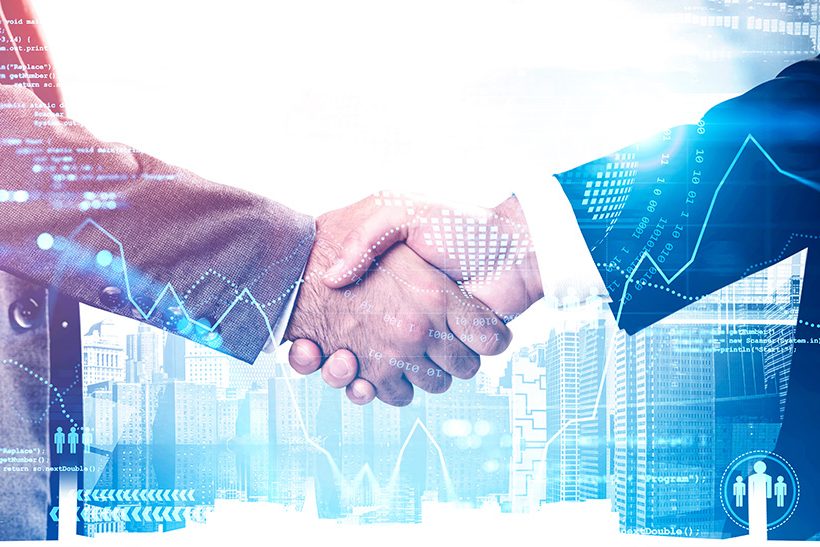 Das Bild zeigt unverkennbar zwei männliche Geschäftsleute, die sich die Hand schütteln. Das Bild steht symbolisch dafür, dass der Stahlehrsteller Dillinger mit einem Partner digitale Prozesse vorantreiben will.