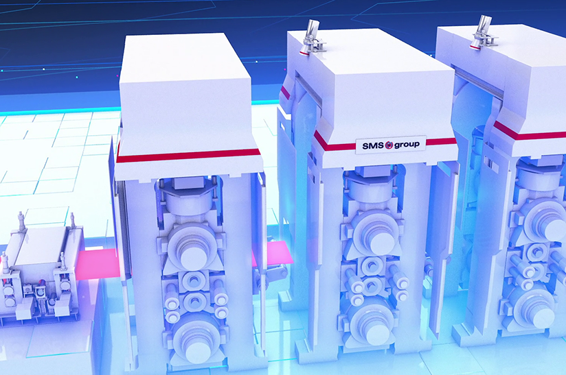 02_Çolako lu Metalurji_20240315 Kopie Das Technologie-Upgrade visualisiert: Montageprinzip der X-Pact Sense hotCAMs zwischen den Gerüsten der Fertigstraße: Die Kameras sind oben auf den Fertiggerüsten angebracht und bieten eine Sicht auf das Band im Schlingenheber zwischen den Gerüsten