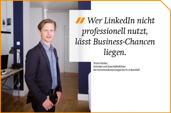 Die Collage zeigt links Timm Rotter von der Agentur In A Nutshell und rechts ein Zitat zu LinkedIn.