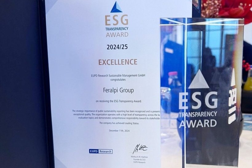 Auf dem Bild ist die Urkunde und der Preis für den ESG-Transparency Award 2024 zu sehen.