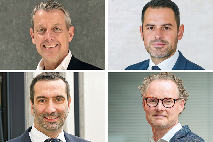 Auf dem Bild sind vier Geschäftsführer aus der Stahlbranche abgebildet, die an einer Stimmungsumfrage für das Jahr 2024 teilgenommen haben.