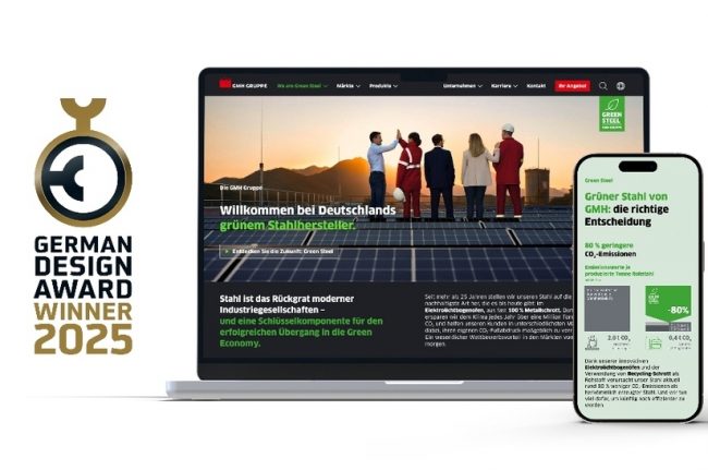 Auf dem Bild ist die neugestaltete Internetseite der GMH Gruppe und das Logo des gewonnen Preises zu sehen.
