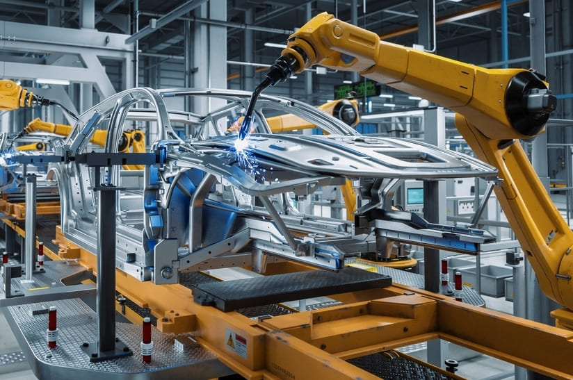 shutterstock_2075069899_web Das Foto zeigt einen Schweißroboter und eine Autokarosserie. Das Stahlinstitut VDEh hat zwei Stahl-Eisen-Prüfblätter veröffentlicht, von denen sich eines mit dem Laserauftragsschweißen im Automobilbau beschäftigt.