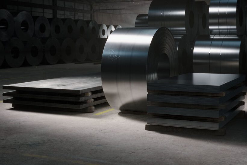 Toyota Material Handling Europe setzt den Stahl SSAB Zero ein, wie er mit mit verschiedenen Ausprägungen (darunter als Coil) im Bild zu sehen ist.